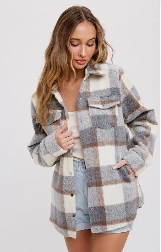 Plaid Brushed Flannel Shacket (Grey)