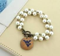 West Virginia Logo Pearl & Wood Disc Toggle Bracelet