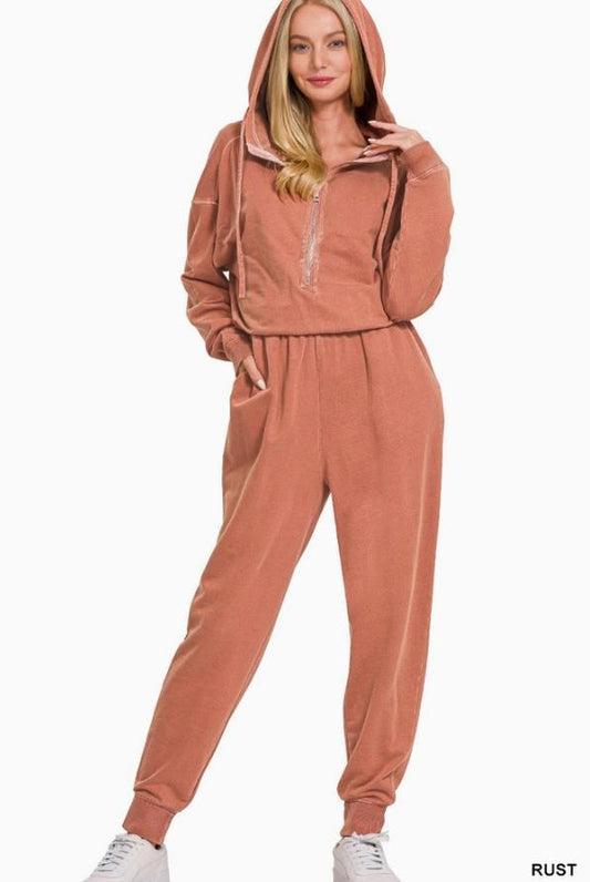Enzyme Washed French Terry Jumpsuit (Rust)