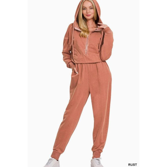 Enzyme Washed French Terry Jumpsuit (Rust)