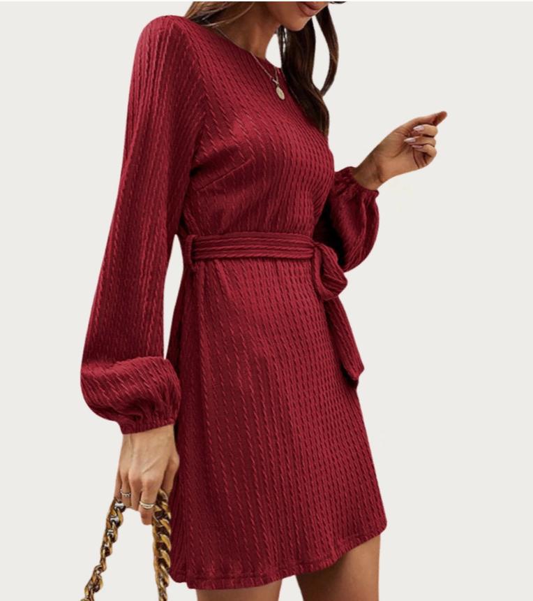 Casual and Soft Textured Long Sleeve Knit Mini Dress (Burgundy)